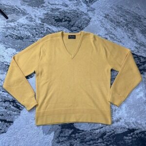 Vintage Lord Jeff Sweater Sz L USA Yellow Acrylic V Neck Tight Knit Ribbed Warm